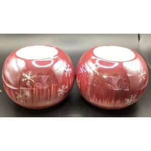 Pair Of Mauve Snowflake Tea‎ Light Candle Holders Circular Glossy Decor Winter